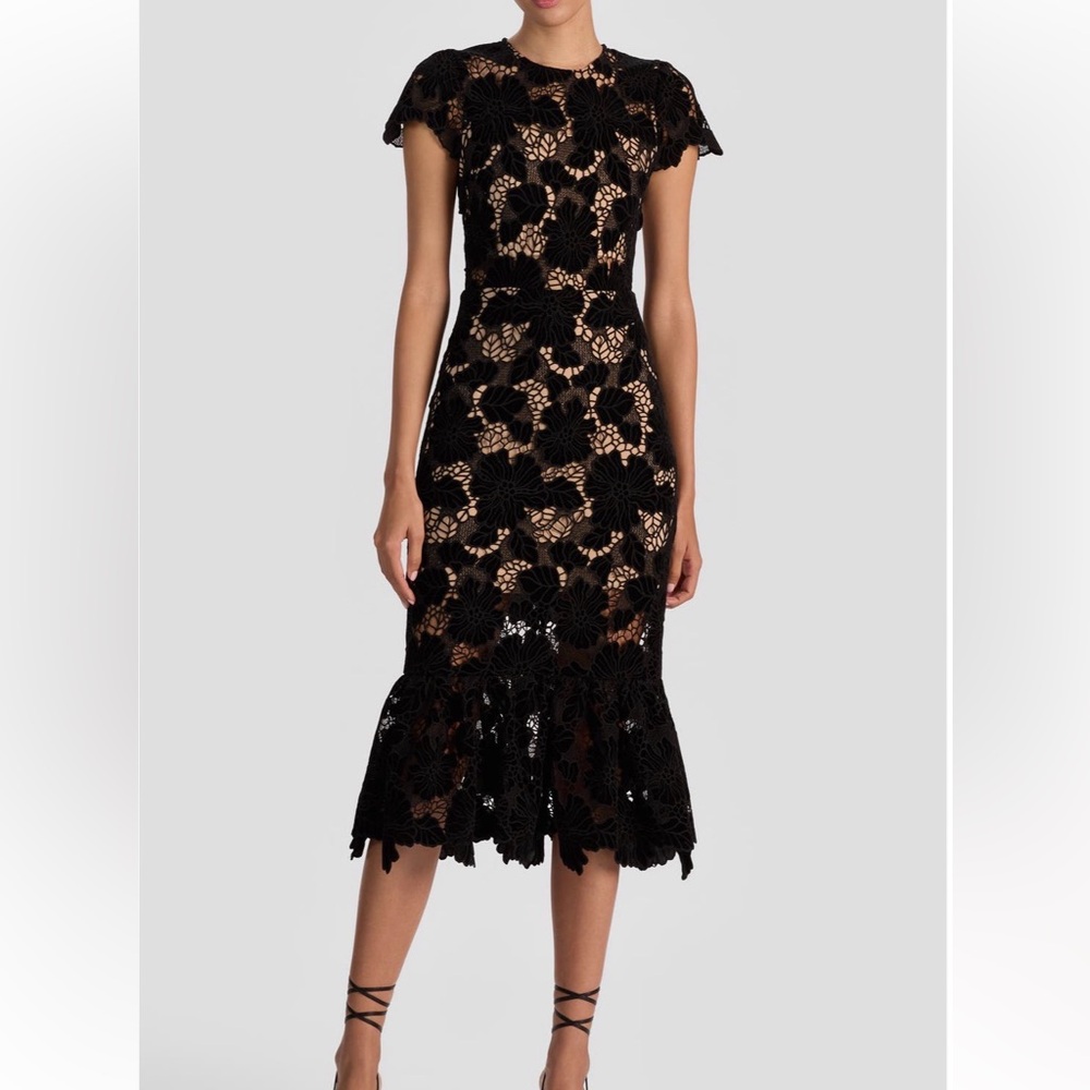Alice + Olivia Clover Lace Overlay Open Back Midi Dress